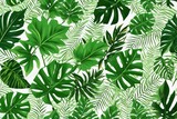 seamless pattern with tropical green leaves on a white background.