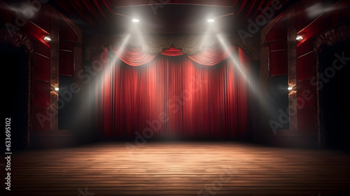 Stage with opened luxury curtain and light in the midle