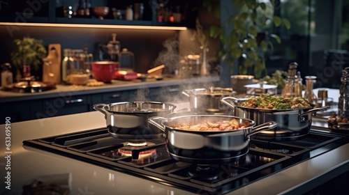 Boiling water in a cooking pot an pan on a induction stove in the modern kitchen.