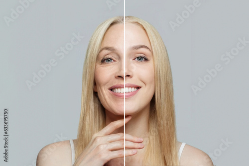 Beautiful female face before and after lifting cosmetics procedure, studio portrait photo