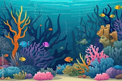 Fototapeta Naklejka Na Ścianę i Meble -  Underwater cartoon illustration of marine life in vibrant coral reef ecosystem.
