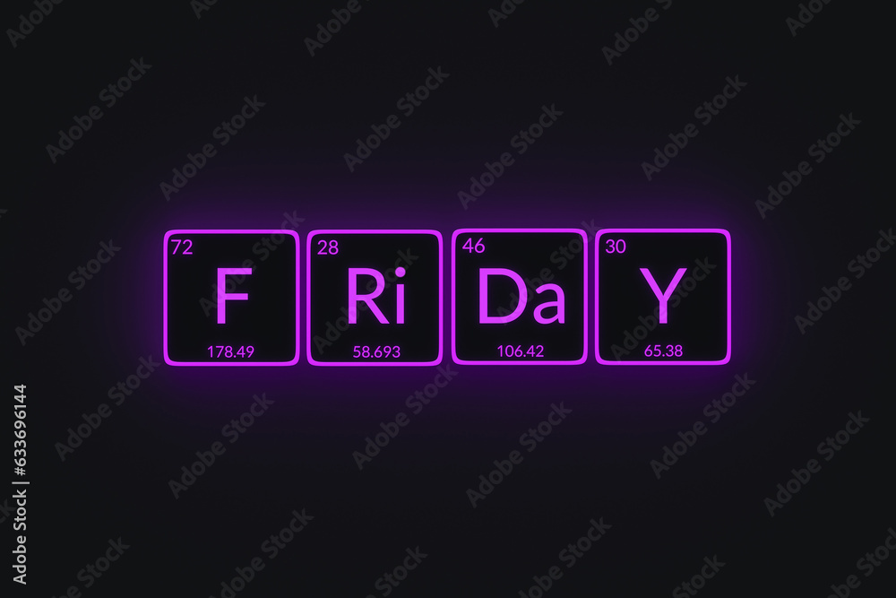 Glowing word friday in style of periodic table of element. Day of the week. 3d render Glowing word friday in style of periodic table of element. Day of the week. 3d render