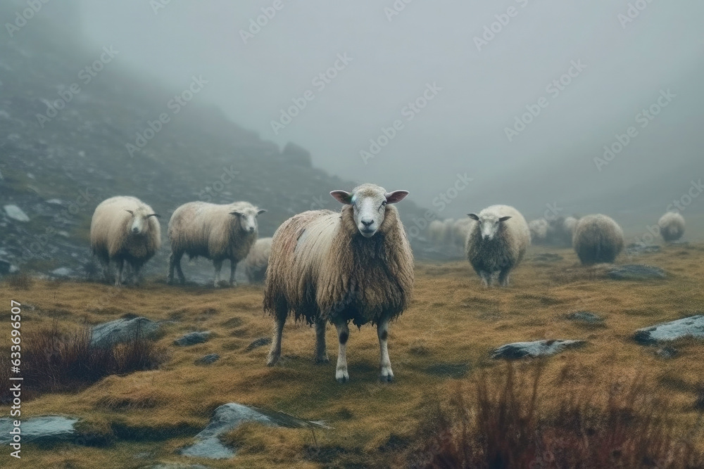 Fototapeta premium Sheep herd in the misty mountains