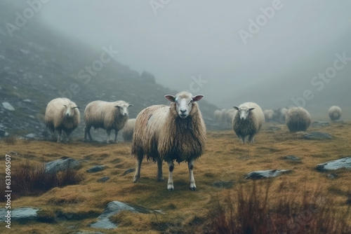Sheep herd in the misty mountains