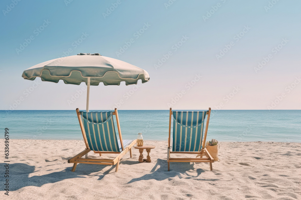 Sun loungers and an umbrella on a white sandy beach for a sea holiday