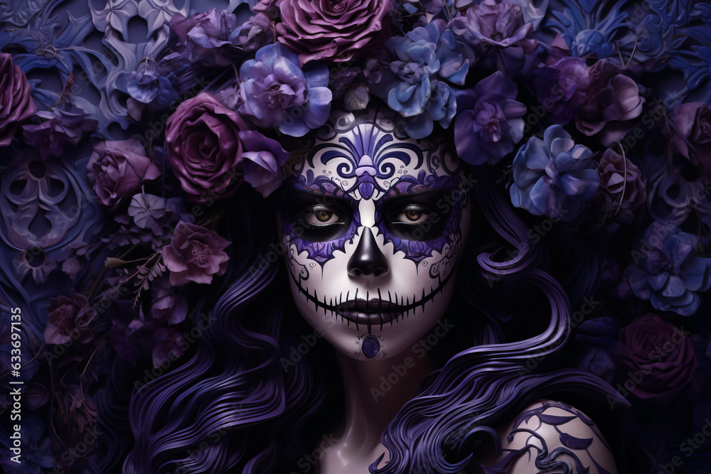 Illustration of woman with traditional la muerte makeup. Mexican festival Dia de los Muertos. Halloween