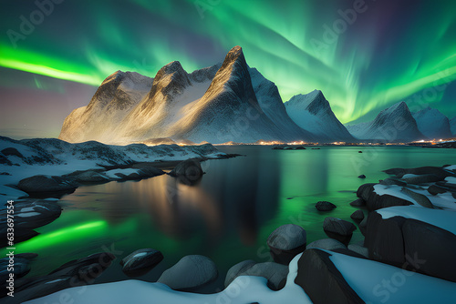 Clear aurora lights hapening in norway night view with mountains