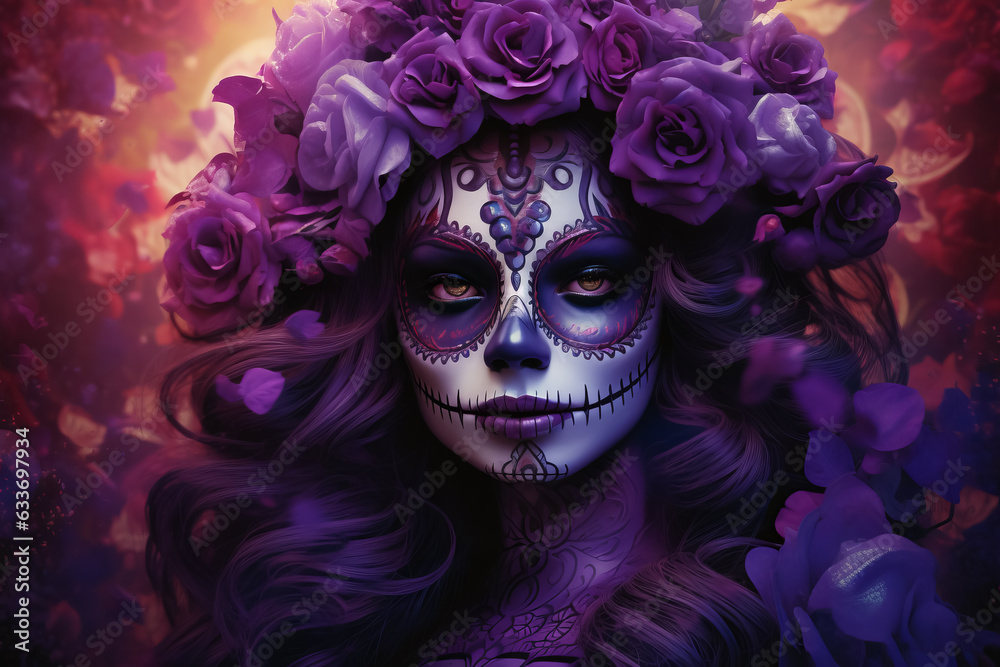 Illustration of woman with traditional la muerte makeup. Mexican festival Dia de los Muertos. Halloween