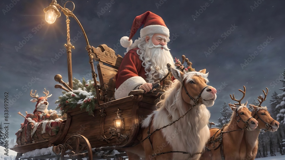 Santa Claus' Magical Journey in a Sleigh through Snowy Nightscapes on Xmas Eve ai generated