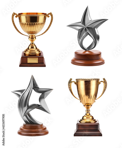 Golden cup trophy silver star collection isolated. Generative AI