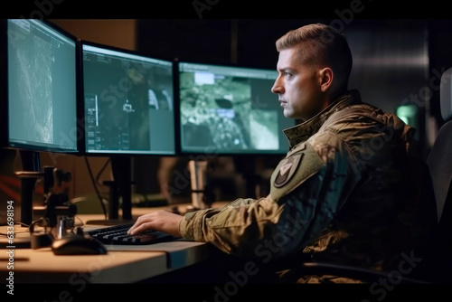 Tela Military surveillance officer tracking operation in a central office hub for cyber control