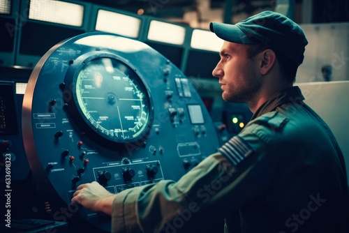 Military surveillance officer at submarine control photo