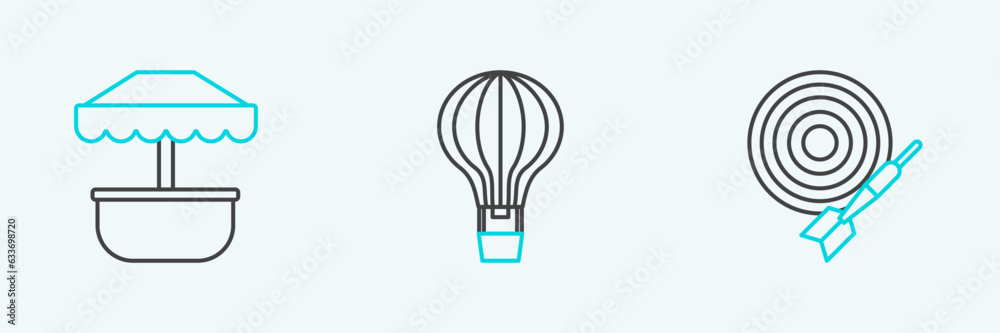 Set line Classic dart board and arrow, Attraction carousel and Hot air balloon icon. Vector Set line Classic dart board and arrow, Attraction carousel and Hot air balloon icon. Vector