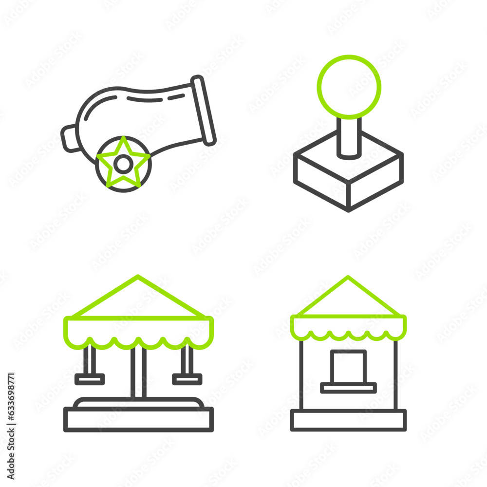 Set line Ticket box office, Attraction carousel, Joystick for arcade machine and Cannon icon. Vector Set line Ticket box office, Attraction carousel, Joystick for arcade machine and Cannon icon. Vector