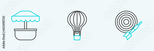 Set line Classic dart board and arrow, Attraction carousel and Hot air balloon icon. Vector