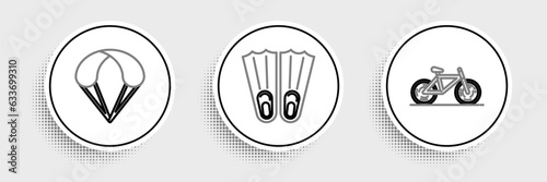 Set line Bicycle, Parachute and Rubber flippers for swimming icon. Vector