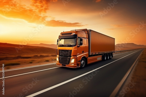 Loaded European truck on motorway in red, orange sunset light. On the road transportation and cargo.