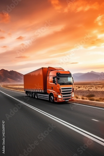 Loaded European truck on motorway in red, orange sunset light. On the road transportation and cargo.