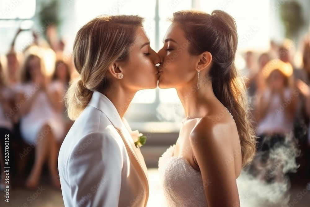 Happy satisfied beautiful lesbian couple kissing at lgbt wedding ceremony - obrazy, fototapety, plakaty 