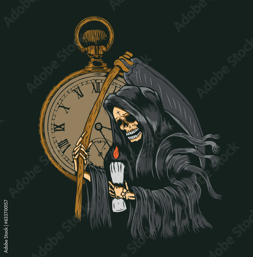 memento mori, reaper holding candle light and pocket watch illustration