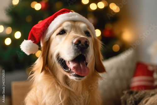 Portrait of christmas dog wearing santa hat