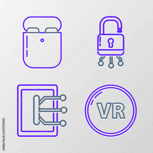 Set line Virtual reality, Tablet, Lock on digital circuit board and Air headphones in box icon. Vector