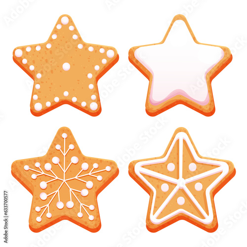 Set gingerbread star with glaze, icing decoration top view in cartoon style isolated on white. Christmas, winter holiday cookie, sweet traditional dessert.