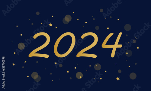 Happy new year 2024 card with bokeh and light effect  Elegant gold text.