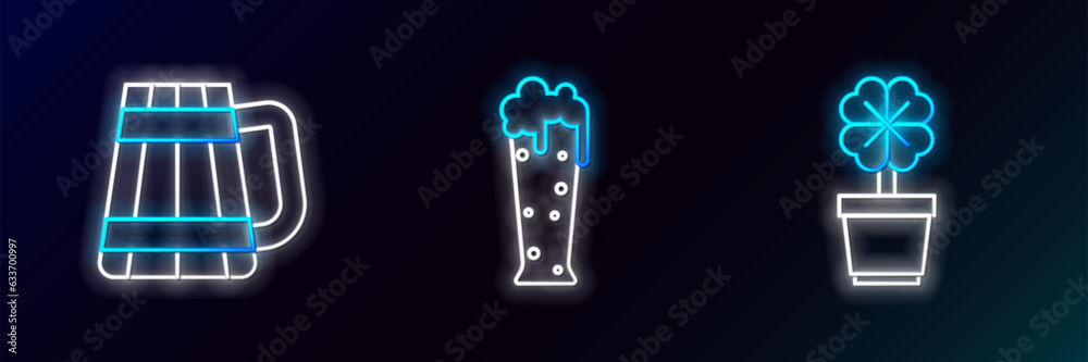 Set line Four leaf clover in pot, Wooden beer mug and Glass of icon. Glowing neon. Vector Set line Four leaf clover in pot, Wooden beer mug and Glass of icon. Glowing neon. Vector