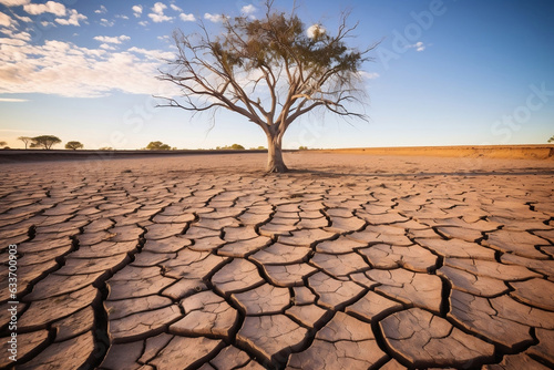 Isolated died tree in drought land, dry soil ground desert area with cracked mud in arid landscape. Shortage of water, climate change and global warming.