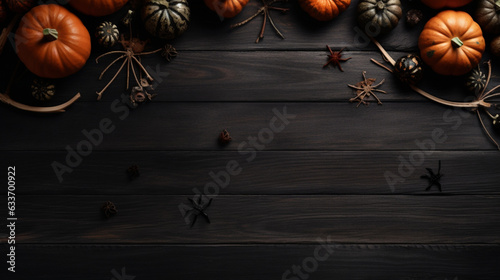 Décoration d'Halloween, citrouilles, araignées sur planche de bois noir, marron foncé. Vue du dessus. Ambiance lugubre, sombre et effrayante. Fond pour conception et création graphique