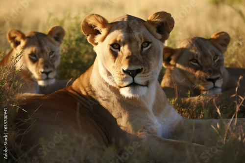 Three lioness hanging out at savanna grassland in the afternoon, close up shot, protecting wildlife concept. © Sunday Cat Studio