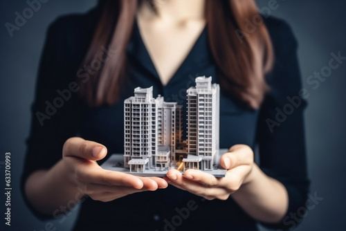 A woman holding house building model in her hands, image for real estate investment business and residential mortgage loan concept. © Sunday Cat Studio