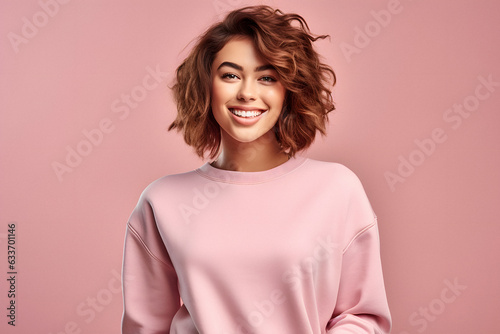 smiling brunette in pink mockup sweater , posing in pink studio background ai generated art photo