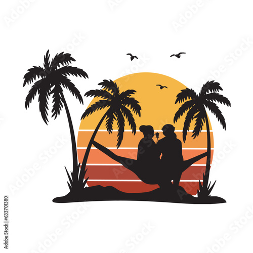 in love couple and palm trees sit on a hammock vector silhouette