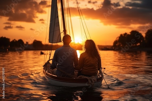 Perfect middle aged couple bonding and relaxing while on vacation. stylish middle aged couple during sunset on boat