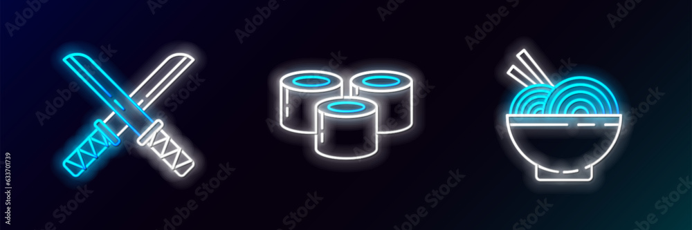 Set line Asian noodles in bowl and chopsticks, Traditional Japanese katana and Sushi icon. Glowing neon. Vector Set line Asian noodles in bowl and chopsticks, Traditional Japanese katana and Sushi icon. Glowing neon. Vector