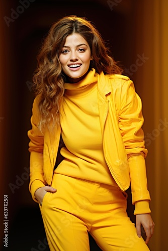 Beautiful smiling woman with curly hair on yellow background	
