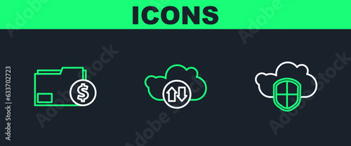 Set line Cloud and shield, Finance document folder and download upload icon. Vector