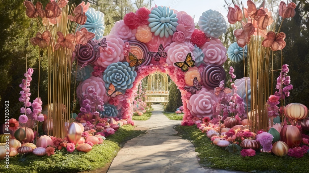  a garden of flowers and giant balloons in the shape of flowers.  generative ai