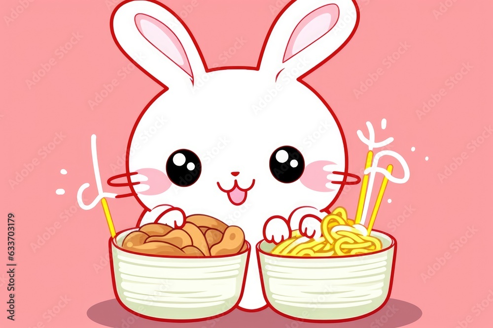 Cute white rabbit eating ramen noodles. Cute white rabbit eating ramen noodles.