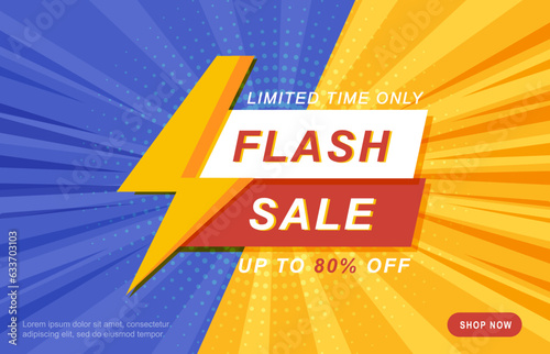 Sale banner template design with comic background. Flash sale special up to 80 percent off. End of season special offer banner. Vector illustration.
