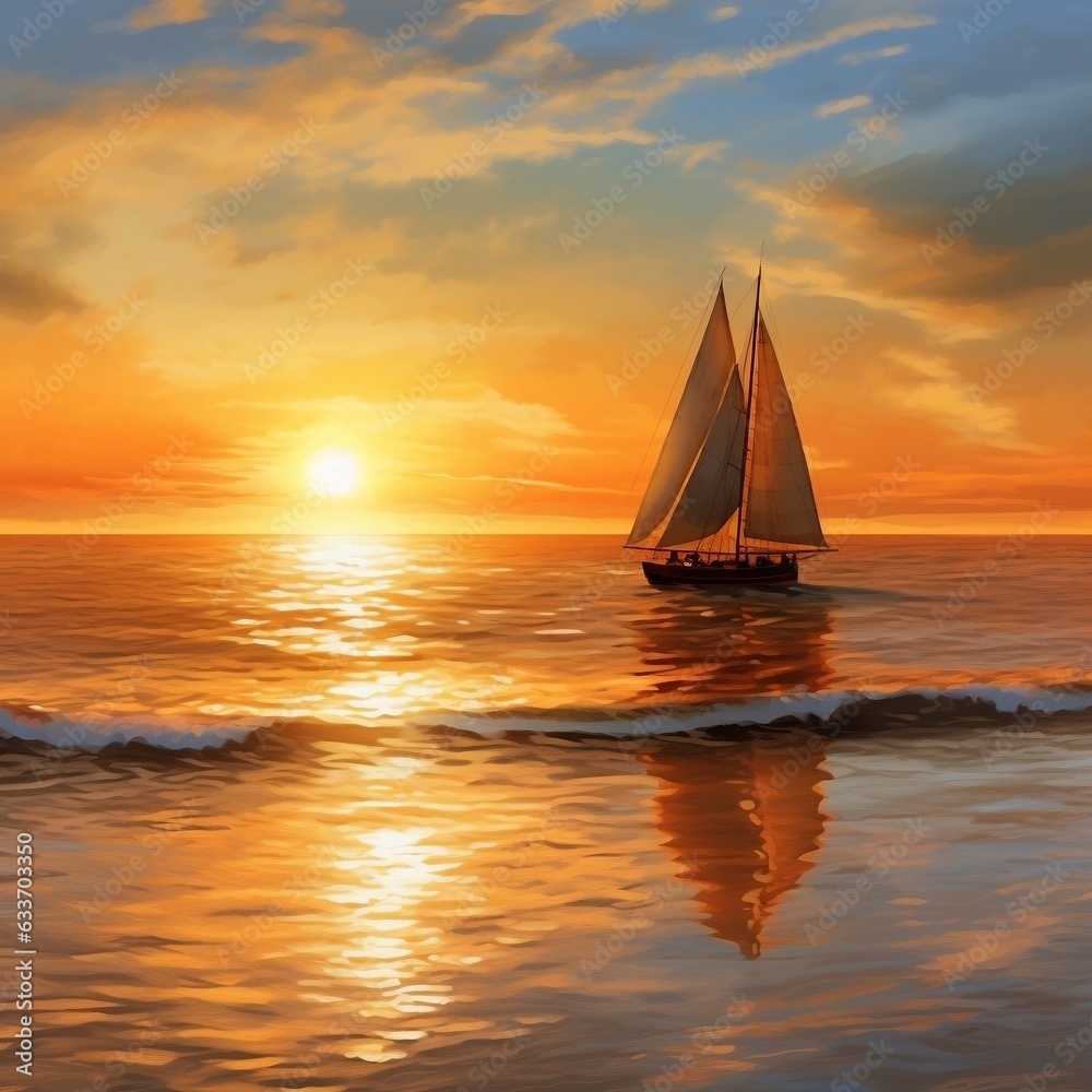 Digital painting of a serene coastal scene at sunset with water waves and sailboat generative ai