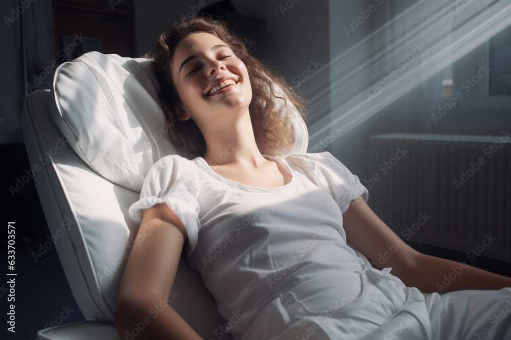 Obraz premium Young woman laying on chair in room.