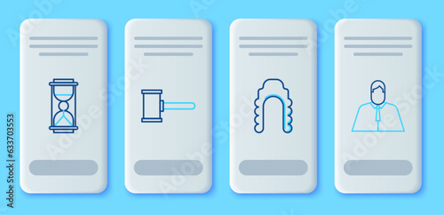 Set line Judge gavel, wig, Old hourglass with sand and Lawyer, attorney, jurist icon. Vector