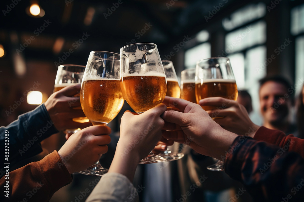 Group people raising their beer glasses at bar.