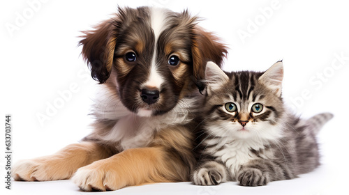 Border collie puppy with little kitten on a white background. Generative AI.