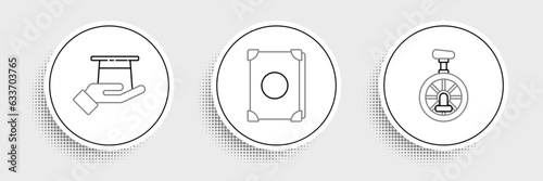 Set line Unicycle or one wheel bicycle, Magician hat in hand and Ancient magic book icon. Vector