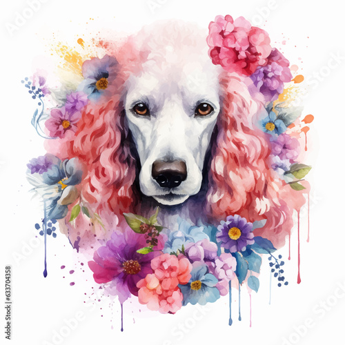 Fototapeta Naklejka Na Ścianę i Meble -  Watercolor illustration white standard poodle decorated with flowers by hand draw isolated on white background.