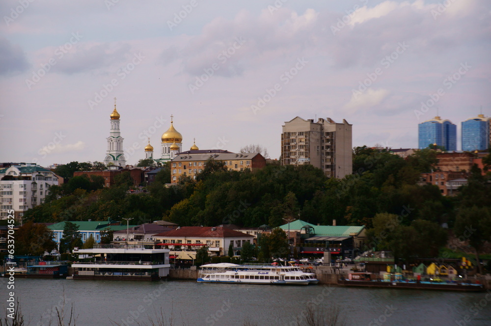 City view from the embankment, piers and river boat. Rostov-on-Don